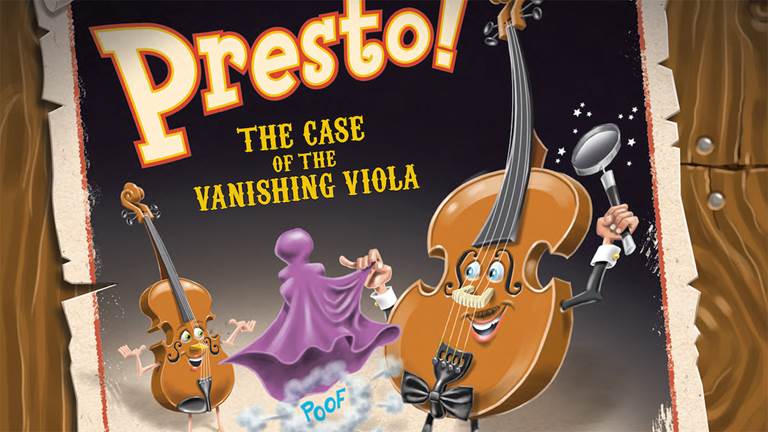 Presto! The Case of the Vanishing Viola graphic illustration of viola and magician's cape