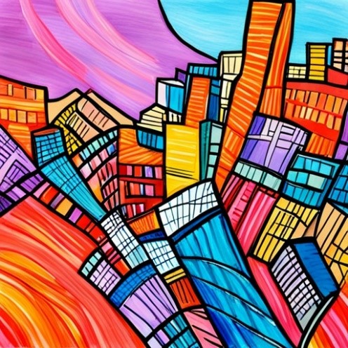 Thumbnail cartoon image of a multi-colored city-scape with many buildings.