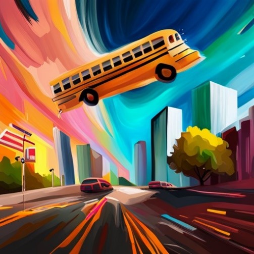 Thumbnail cartoon image of a schoolbus dropping out of the sky onto a city street.