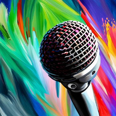 Thumbnail cartoon image of a microphone with a multicolored background.
