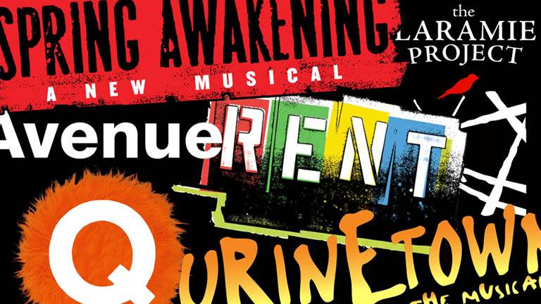 A collage of musical theater logos including Spring Awakening, Avenue Q, RENT, and Urinetown