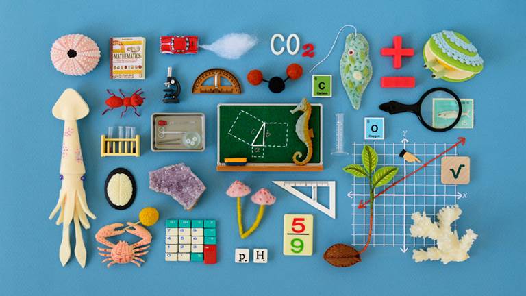 A collage of math and science tools. 