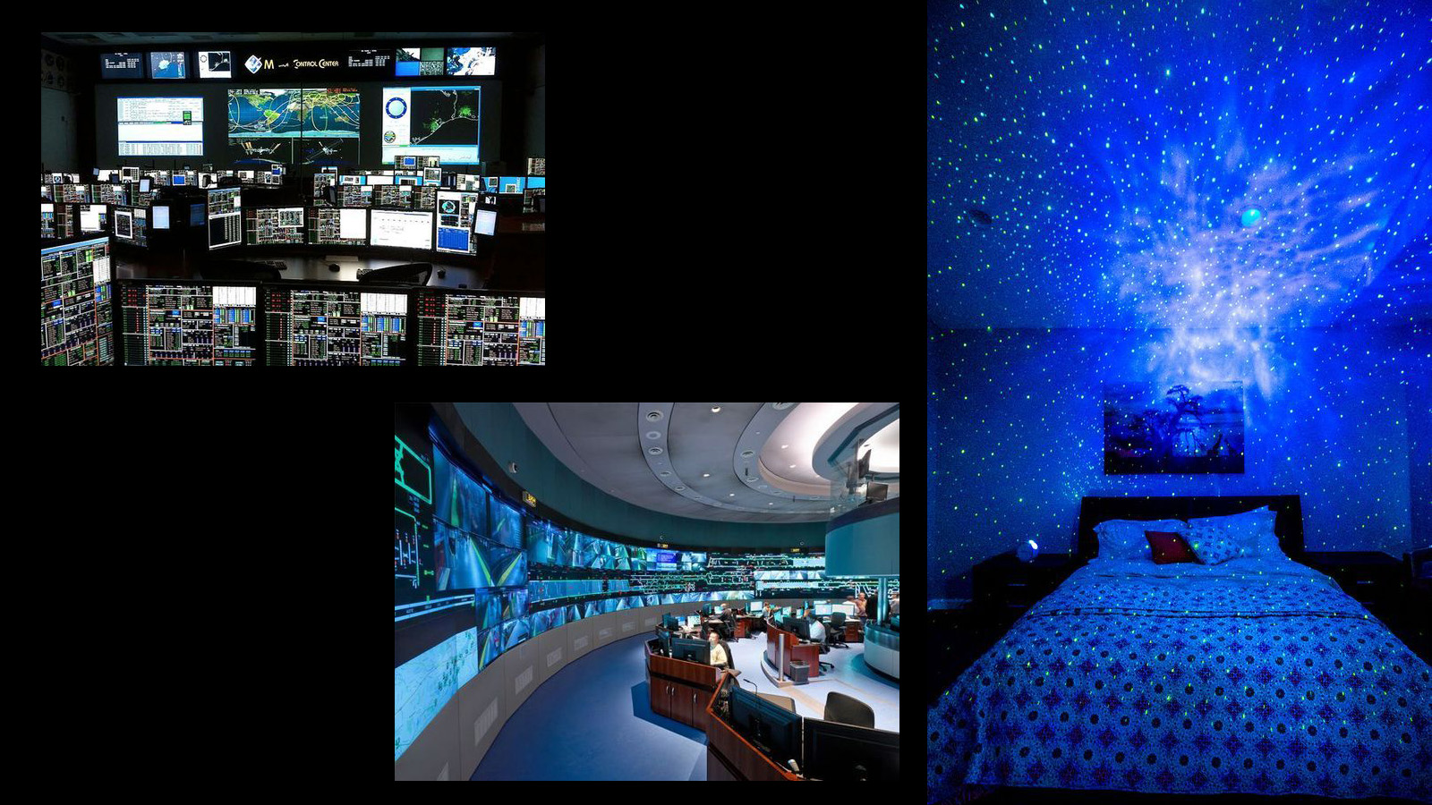Three images used as lighting references for Earthrise. Two show mission control at NASA, the third shows a bedroom with artificial starlight. 
