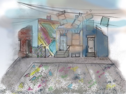 A pastel-colored sketch of a set showing an urban residential street scene with sidewalk, apartment buildings and clotheslines.