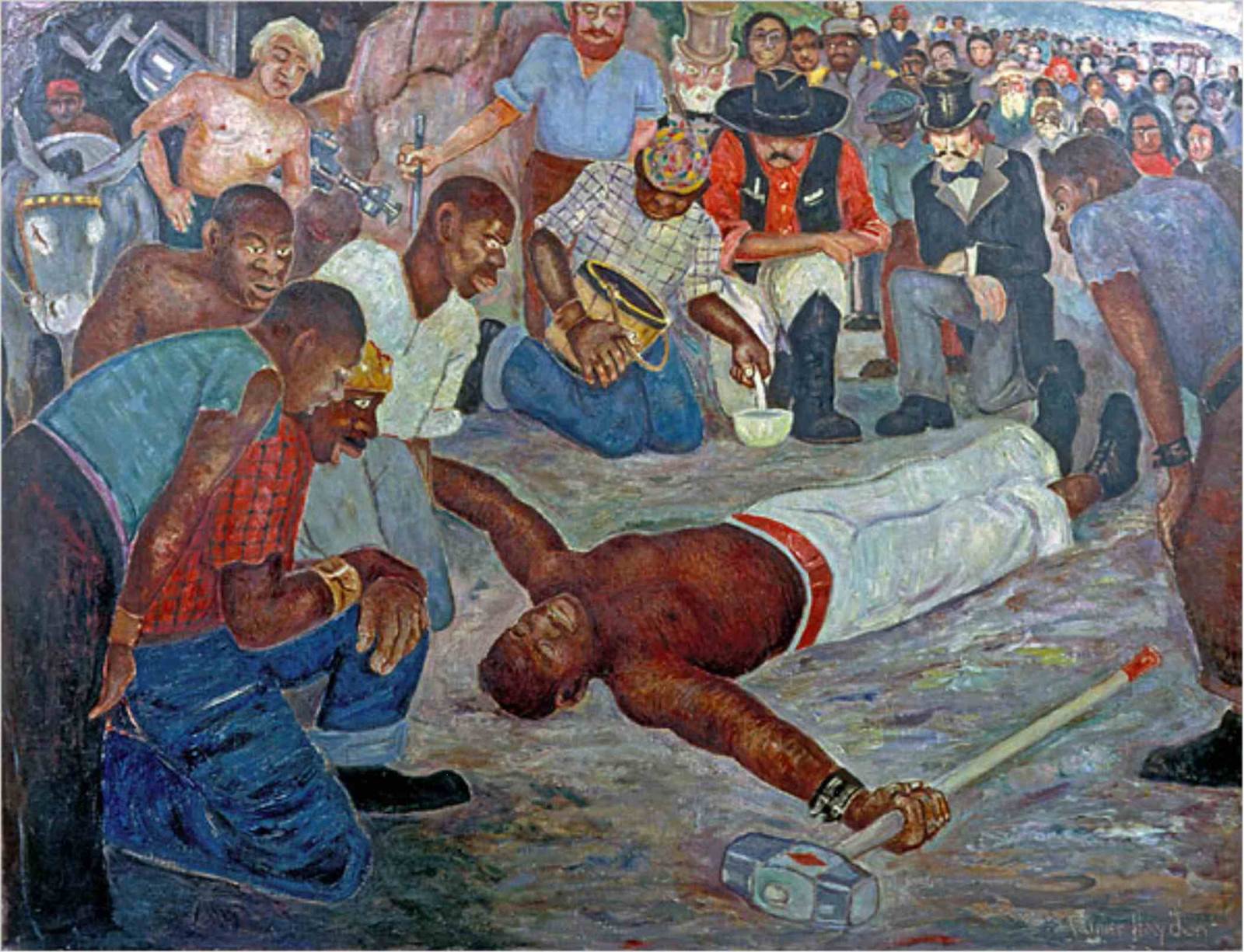 An image of one of the John Henry series paintings by Palmer Hayden. A large crowd of people (predominantly Black and white male-presenting people) circle around a man representing John Henry lying dead after beating a steam drill in a labor contest. John holds a hammer in his right hand and wears a pair of lightly colored pants, black shoes, and a red belt.