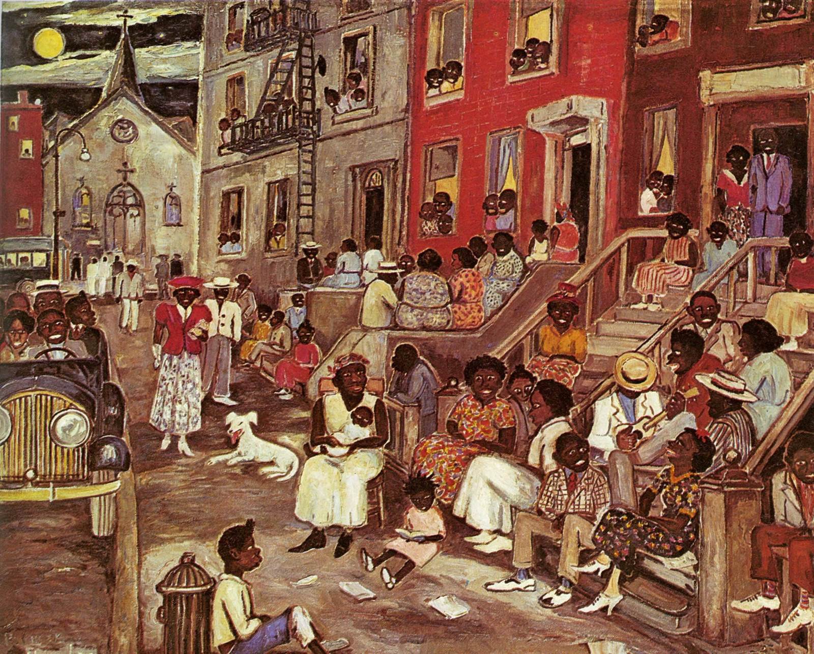 An image of the painting “Midsummer Night in Harlem” by Palmer Hayden. The nighttime image focuses on an energetic community scene in Harlem, New York, wherein many smiling and talking Black residents (adults and children alike) sit on apartment steps, look out apartment windows, walk down the street, congregate outside a church, and ride in vehicles. The residents wear various colorful suits, dresses, skirts, and hats like Sunday church attire.