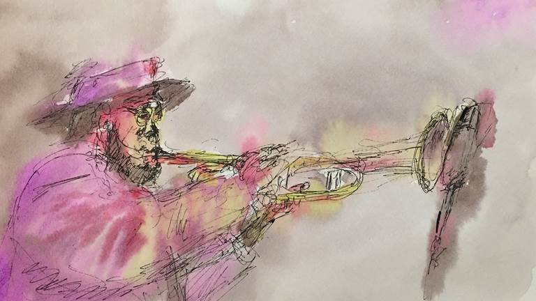 A watercolor painting of a jazz musician playing the trumpet. 