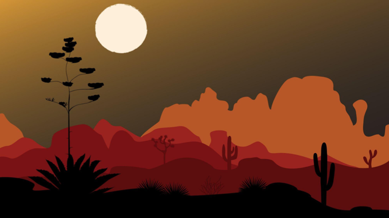 A silhouette of a night desert with a mountain in the background.
