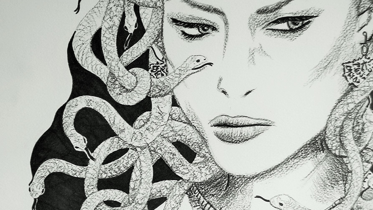 A charcoal and ink illustration of Medusa on watercolor paper.
