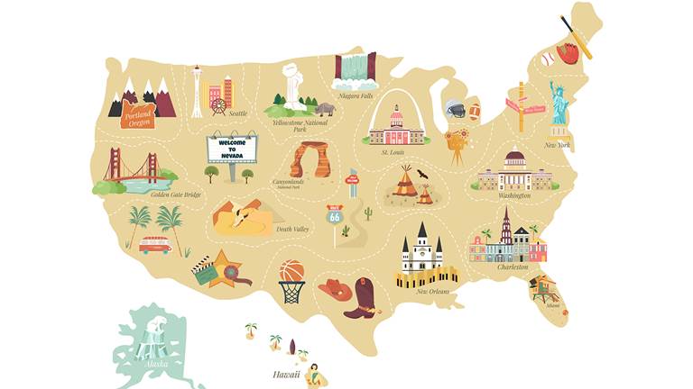 A map of the United States of America. The map has illustrations of iconic American symbols in regions across the country. For example, The Gateway Arch in St. Louis, a cowboy boot in Texas, and mountains in Oregon. 