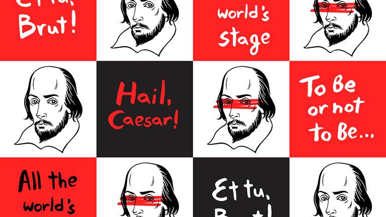 Black, white, and red checkered boxes. The white boxes have an illustration of Shakespeare and the red and black boxes have quotes from Shakespeare's plays - "To be or not to be..." "Hail Caesar!" "Et tu, Brut!" and "All the world's stage."