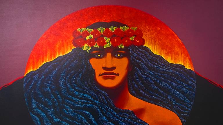 A painting of Hawaii's goddess of volcanoes, Pele. Pele is shown from the shoulders up. She has long hair and is wearing a Haku lei with red flowers on her head. The long waves of her hair form into the shape of a volcano. There is lava flowing down the volcano. 