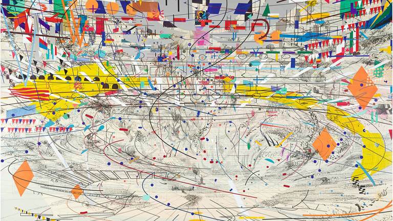 A large-scale abstract painting by Julie Mehretu called, Stadia II. The painting is multi-layered with drawings and paintings of stadium architecture, national flags, and other graphic elements. 