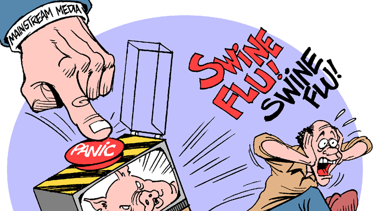 A political cartoon about the swine flu. A hand that says "main stream media" is pushing a panic button on a tv. The tv has a pig on the screen and the words "Swine flu! Swine flu!" are projecting from the tv. A man is running away with his ears covered. 