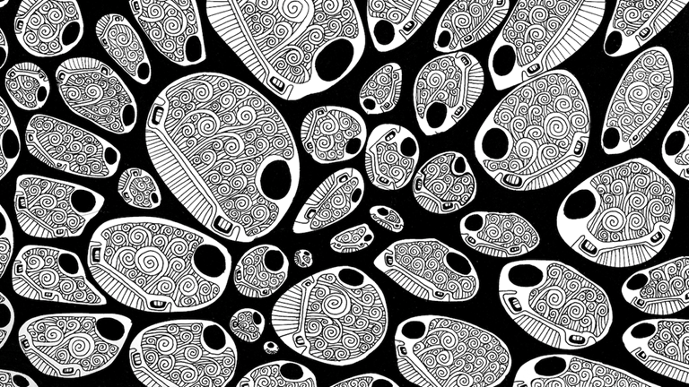A black and white drawing of cell patterns. 