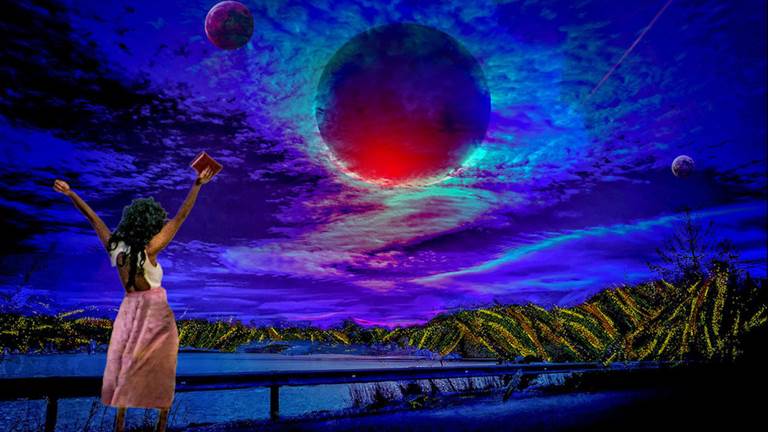 A woman with her arms raised. She is holding a book and looking at a purple, pink, and blue sky with three planets. 