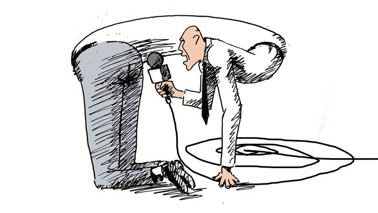 A drawing of a political cartoon titled, "Fake News." A reporter is holding a microphone and his body is twisted around to appear as if he is interviewing his butt. 