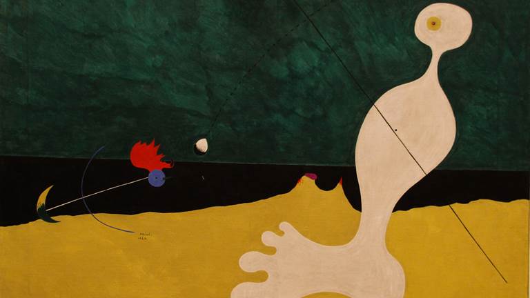 Person Throwing a Stone at a Bird painting by Joan Miró. A green background with yellow at the bottom. A figure with curvy lines and a yellow eye. A blue circle-shaped bird head with red spiky hair on top. The head is connected to a thin stick-like body with a crescent shape on the other end.  