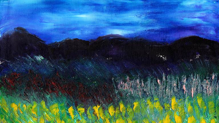 A landscape painting with a blue sky, dark hills, and flowers in a field. 