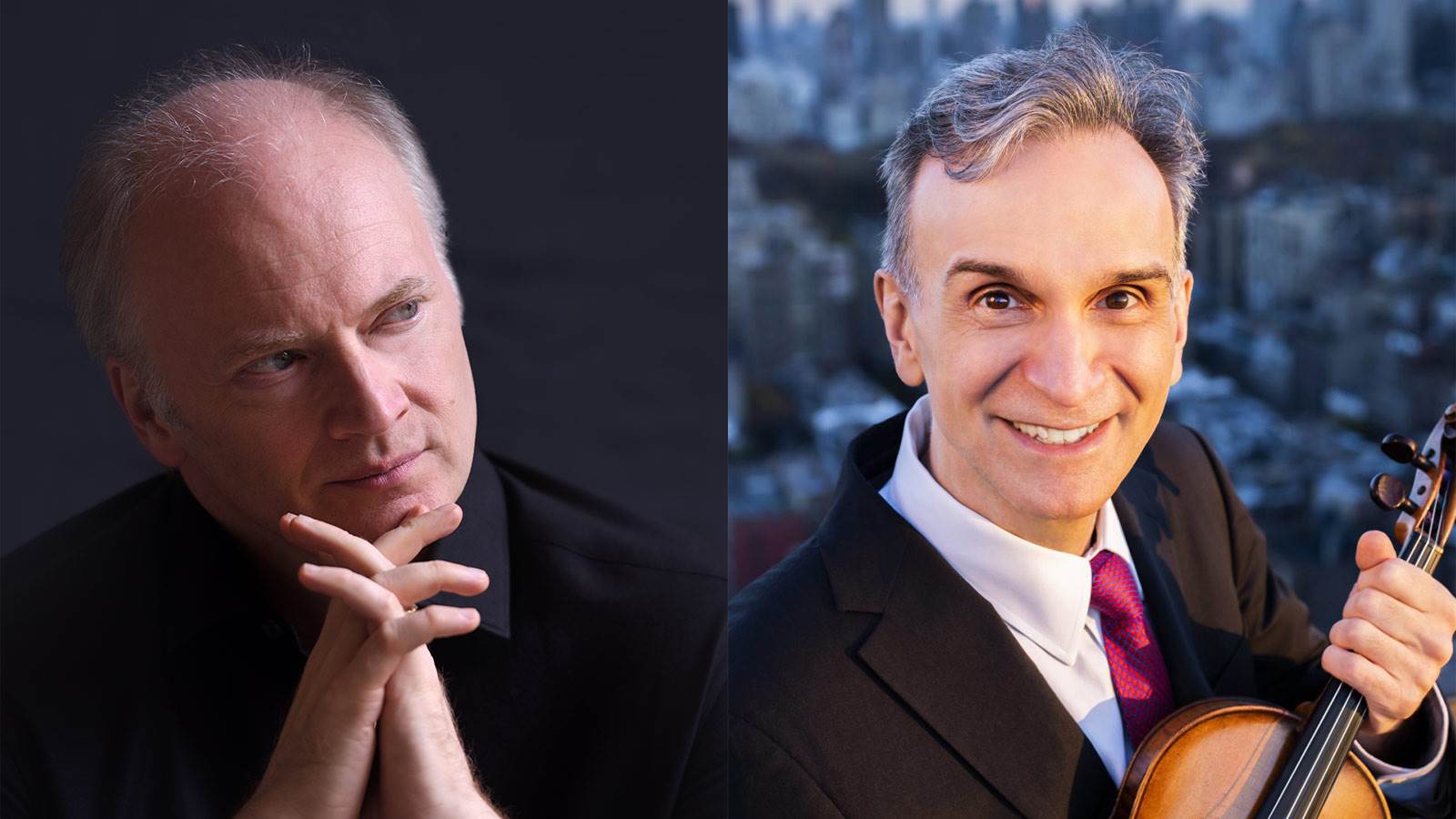 Gianandrea Noseda with hands and chin and Gil Shamham holding violin in front of city scape