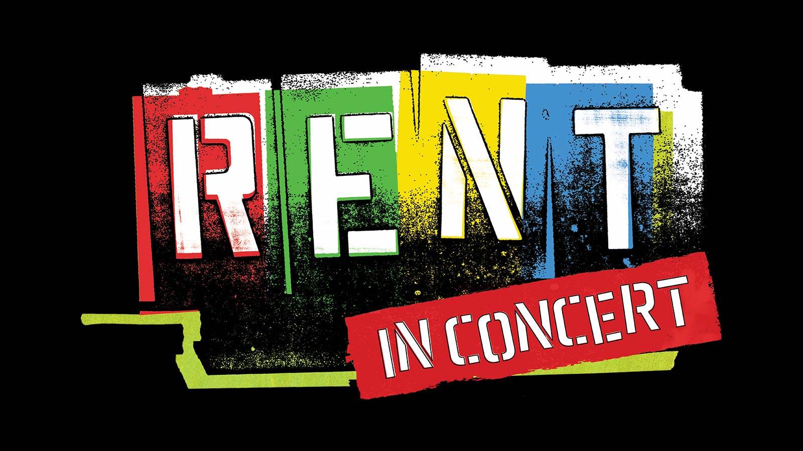 RENT logo with red, green, yellow and blue blocks with red paint swoosh with IN CONCERT stencil