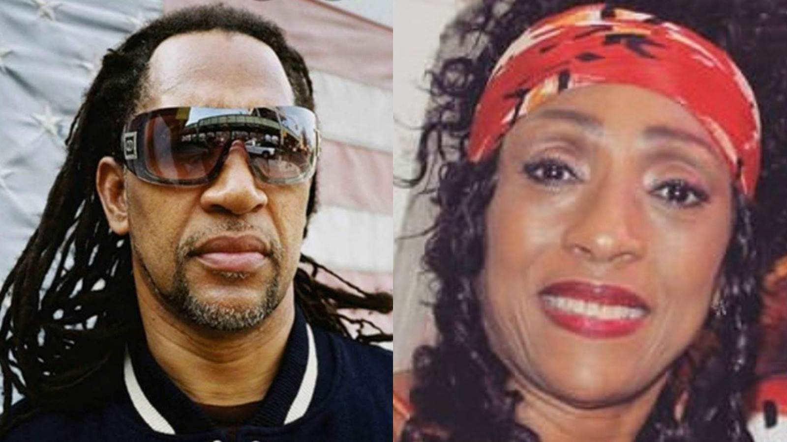 2 close up images, on the left DJ Kool Herc has on black sunglasses, a bomber jacket and stands closely in front of a worn american flag. On the right Cindy is smiling in a red scarf headband pushing her curly hair back and red lipstick. 