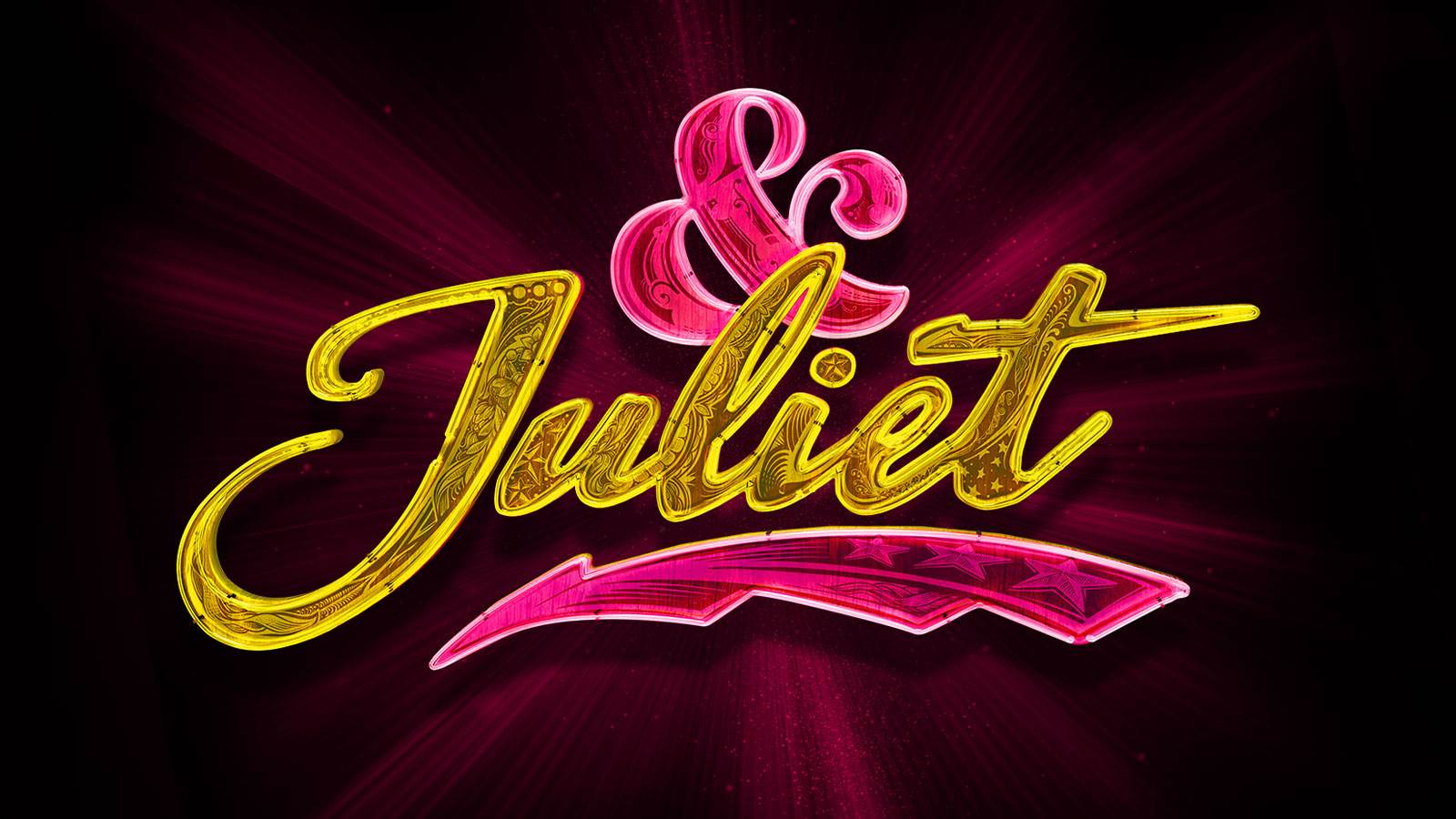 A neon sign on a black backdrop with a pink glow burst. The sign reads "& Juliet". & is pink and Juliet is yellow. 