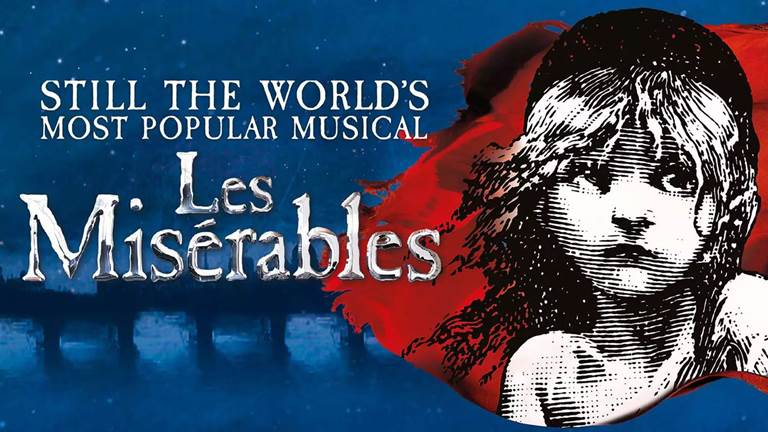 Les Miserables title treatment with young girl illustration.
