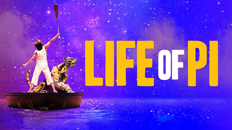 A boy and a tiger puppet are on a boat against a starry blue and purple sky. To the right reads "Life of Pi" in yellow. 