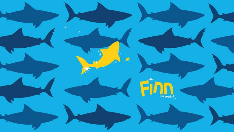 blue graphic sharks swimming on blue solid background with one yellow sparkly shark
