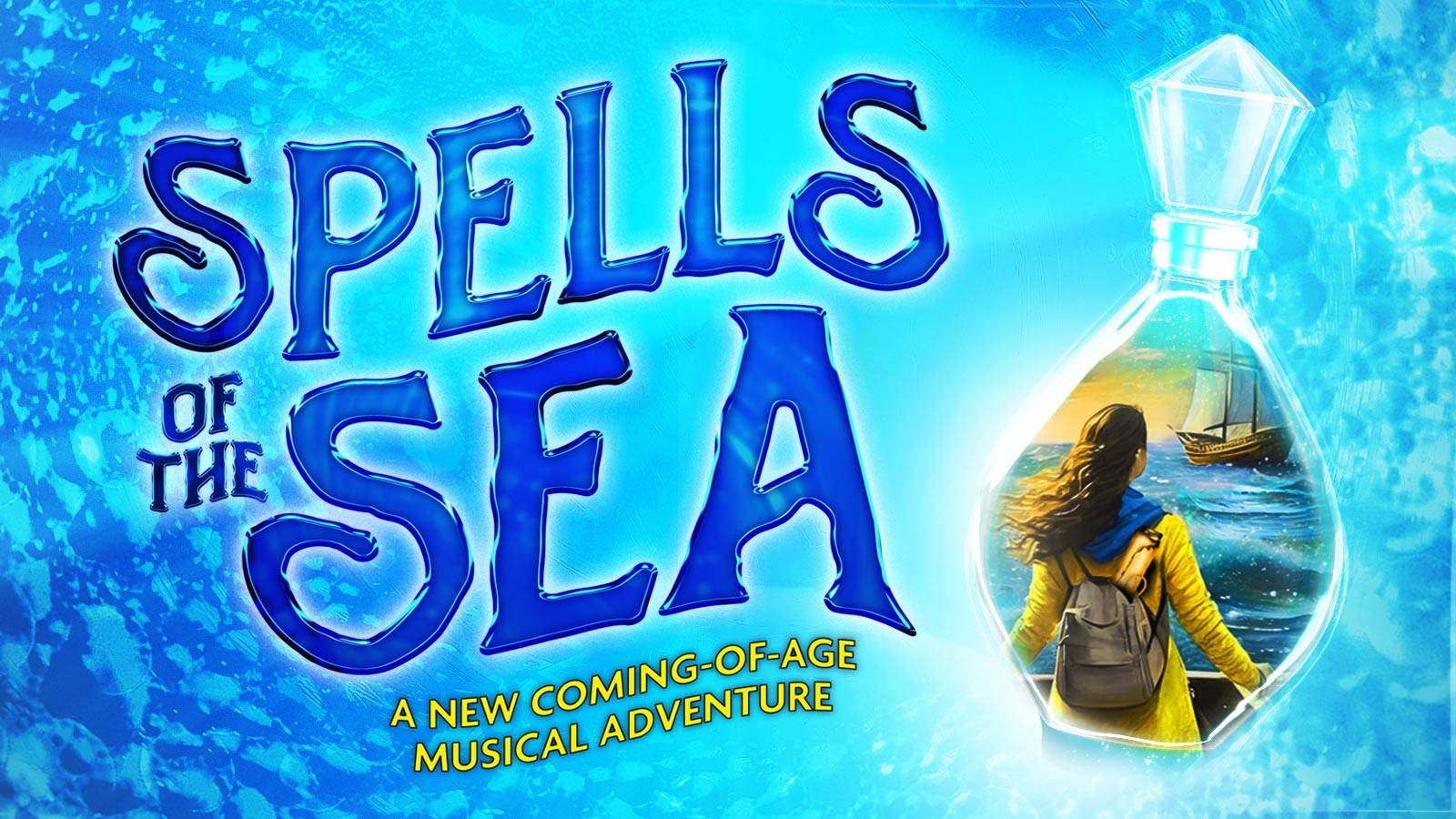 Spells of the Sea logo on water background with artistic rendering of a glass container containing a girl in a yellow rain jacket