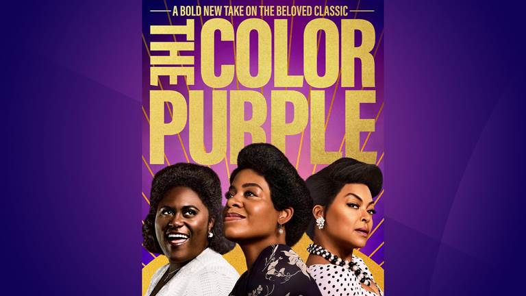 The Color Purple movie poster. # main characters are in the foreground and the type treatment reads "A bold new take on the beloved classic, The Color Purple"